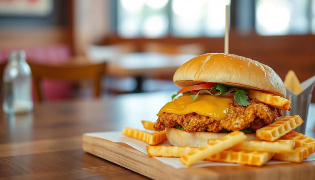 Chicken sandwich and waffle fries